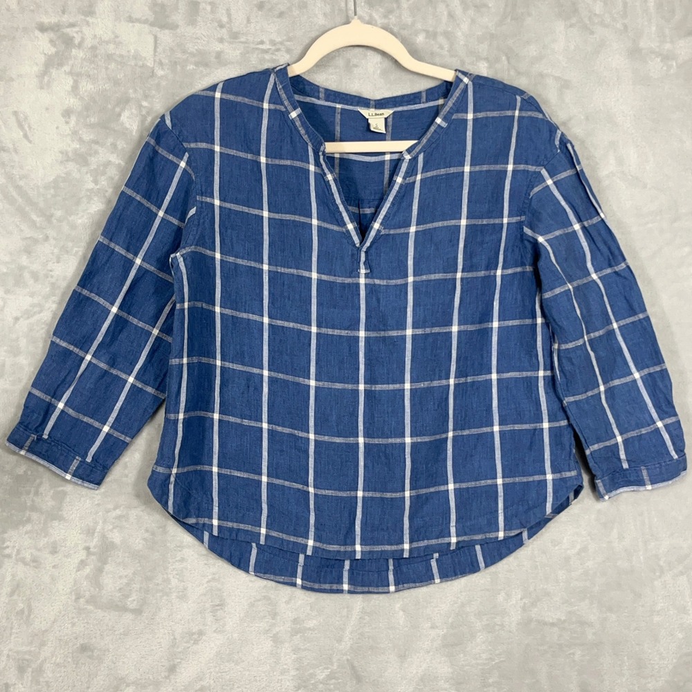 LL Bean Womens Top S Petite Blue Windowpane Plaid 100% Linen V-Neck Coastal Boxy